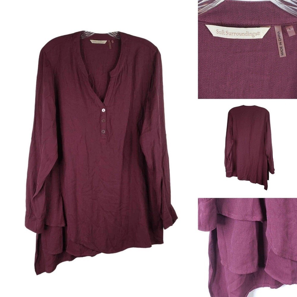 Soft Surroundings Tunic Womens Ruffle Tiered Hem Shirt Purple Size Large Rayon